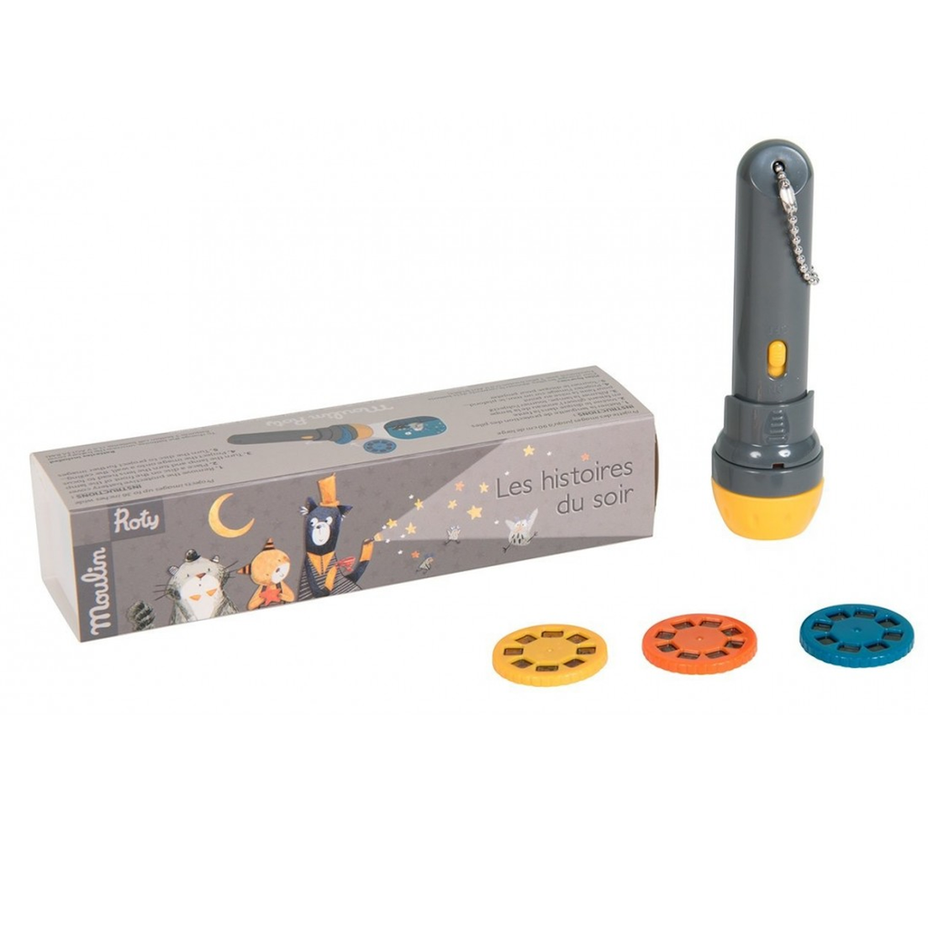 Children's story projector toy with three colorful disks and packaging. The box features whimsical animal illustrations and French text "Les histoires du soir."