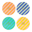 Four colorful, striped paper plates with gold "Happy Birthday" text in the center.