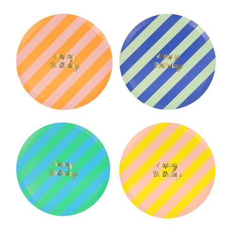 Four colorful, striped paper plates with gold "Happy Birthday" text in the center.