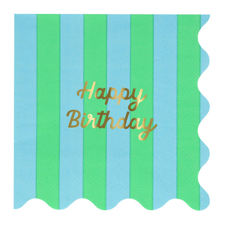 Blue and green striped napkin with gold foil "Happy Birthday" text and scalloped edges.
