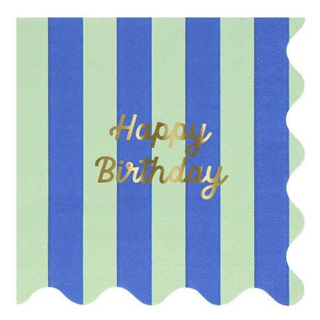 Blue and green striped napkin with gold foil "Happy Birthday" text and scalloped edges.