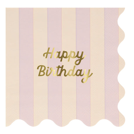 Pink and yellow striped napkin with gold foil "Happy Birthday" text and scalloped edges.