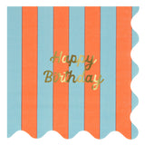 Blue and orange striped napkin with gold foil "Happy Birthday" text and scalloped edges.