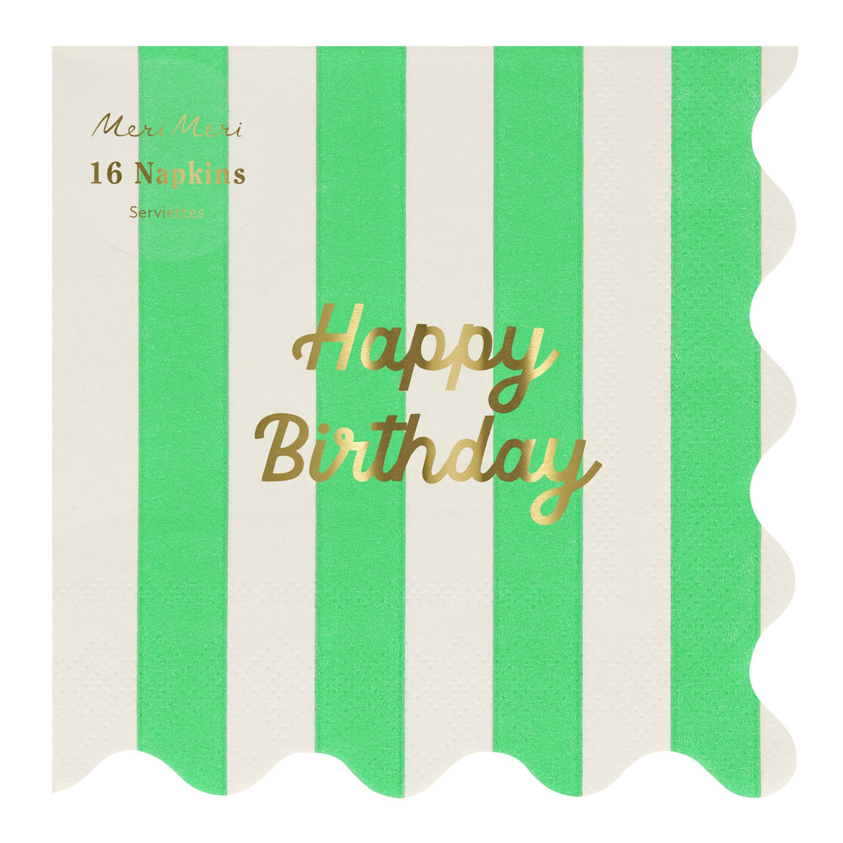 Green and white striped napkin with gold foil "Happy Birthday" text and scalloped edges.