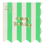 Green and white striped napkin with gold foil "Happy Birthday" text and scalloped edges.