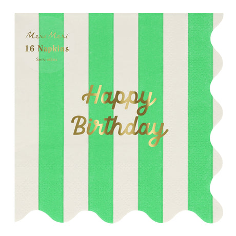 Green and white striped napkin with gold foil "Happy Birthday" text and scalloped edges.
