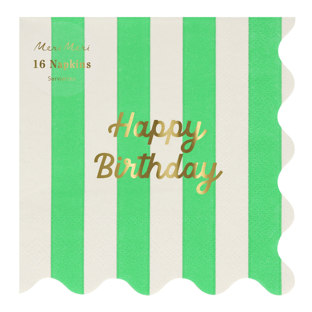 A set of vibrant napkins with multicolored stripes and 'Happy Birthday' lettering, perfect for adding cheer to party tables.