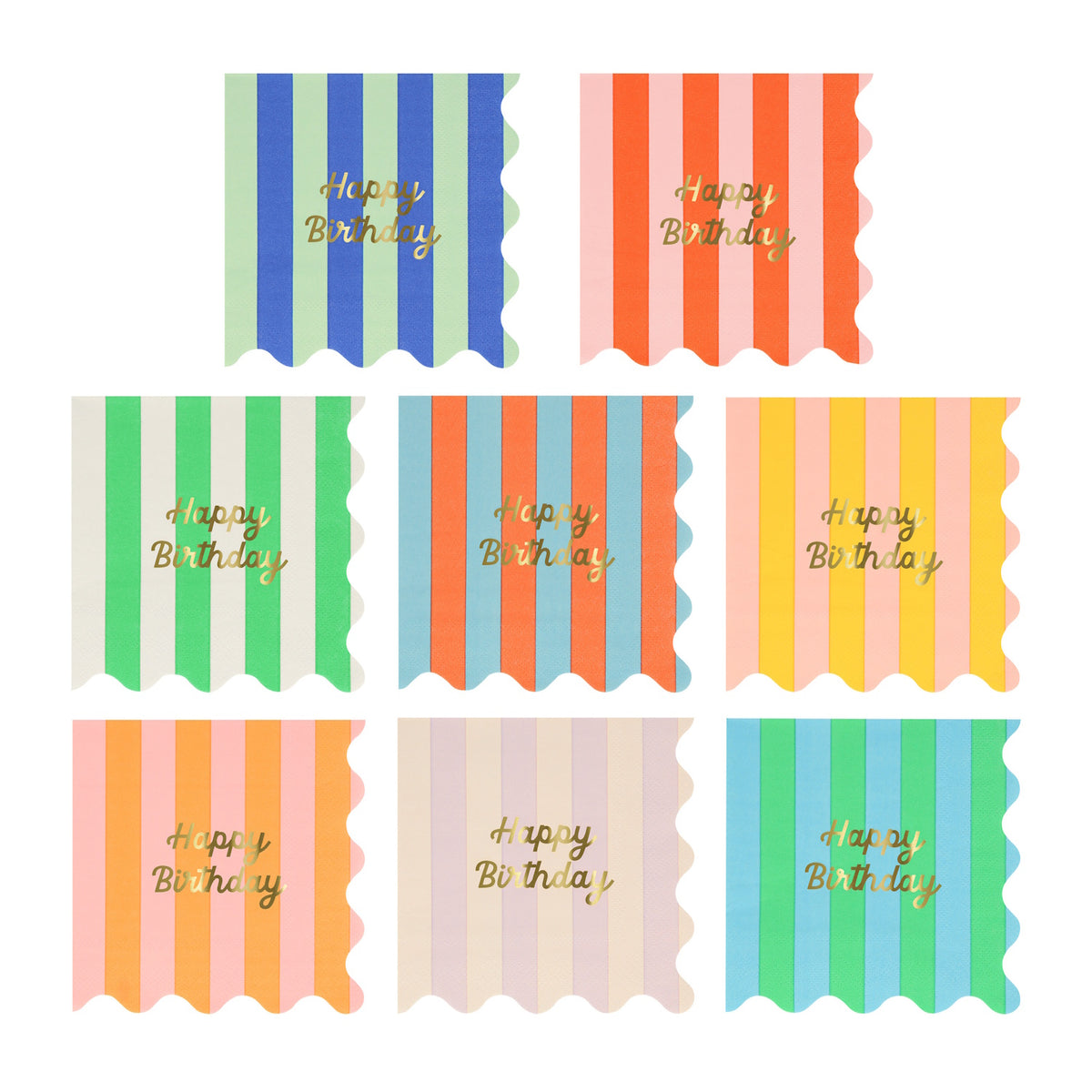 Assortment of colorful striped birthday napkins with gold foil text and scalloped edges.