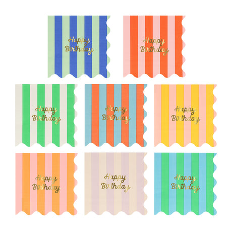 Assortment of colorful striped birthday napkins with gold foil text and scalloped edges.