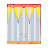 Meri Meri striped party crowns in blue and white with gold details and orange fringe, set of 8 in a box.
