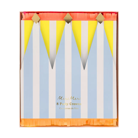 Meri Meri striped party crowns in blue and white with gold details and orange fringe, set of 8 in a box.