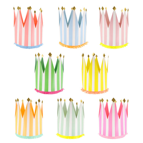 Set of colorful striped paper party crowns with gold glitter tips and fringe trim in various pastel and bright colors.