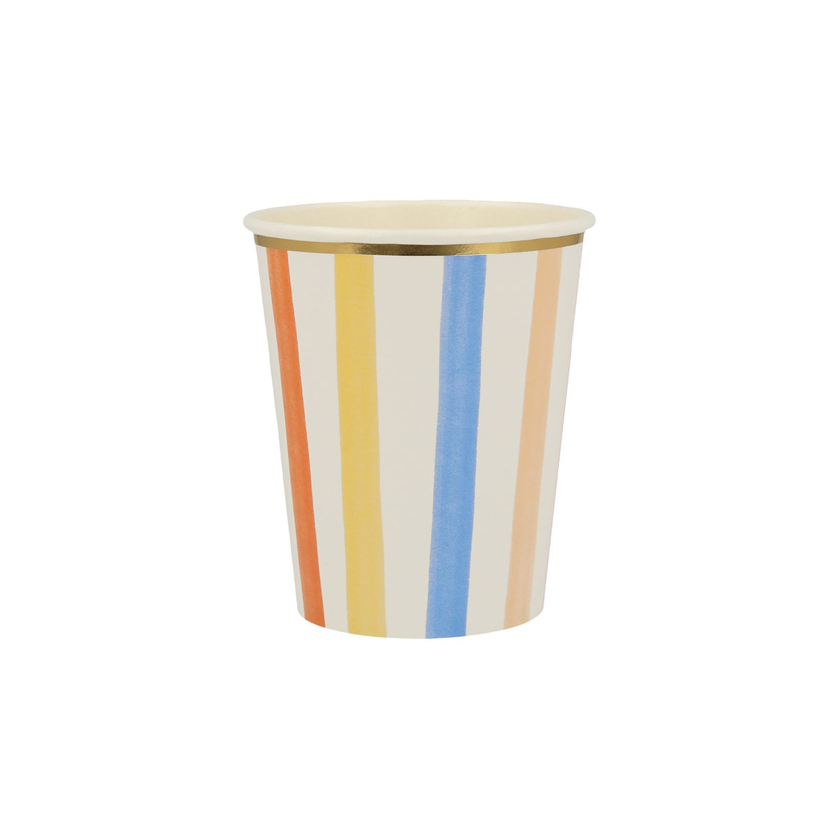 Meri Meri colorful striped paper party cup with a gold foil rim, featuring orange, yellow, and blue watercolor stripes.