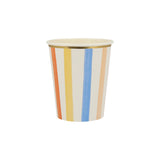 Meri Meri colorful striped paper party cup with a gold foil rim, featuring orange, yellow, and blue watercolor stripes.