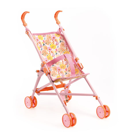 Pink floral doll stroller with a lightweight foldable frame and orange wheels for pretend play.