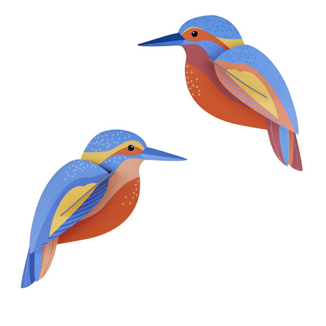 Illustration of two stylized kingfishers facing each other, featuring vibrant blue, orange, and yellow geometric shapes, conveying a playful tone.