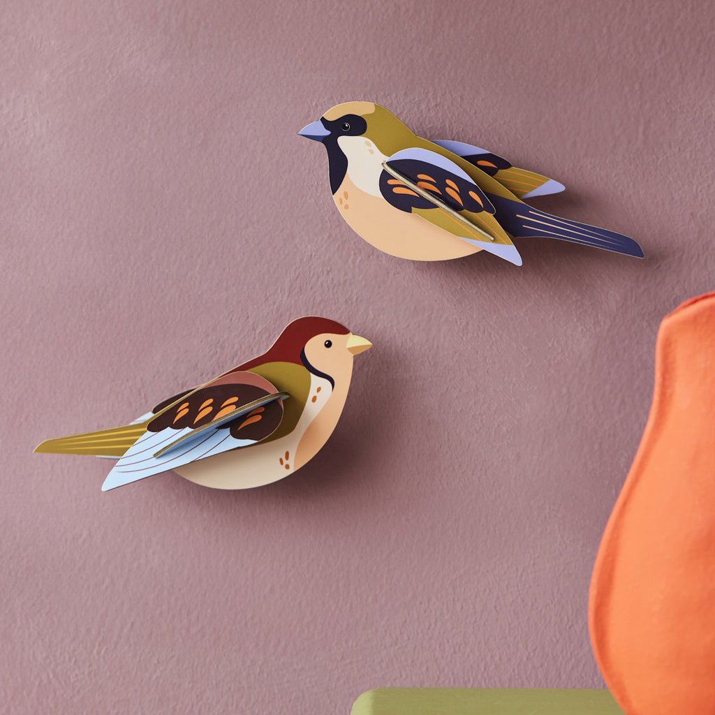 Colorful paper birds with intricate patterns are mounted on a mauve wall, creating a playful and artistic atmosphere. Bright and whimsical decor.