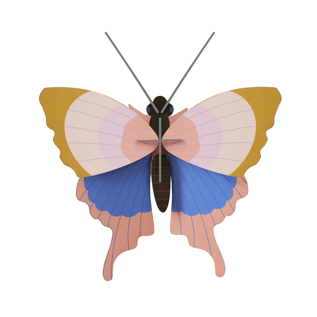 Illustration of a butterfly with wide, symmetrical wings in pastel colors of pink, blue, and yellow. The design is simple and elegant, conveying calmness.