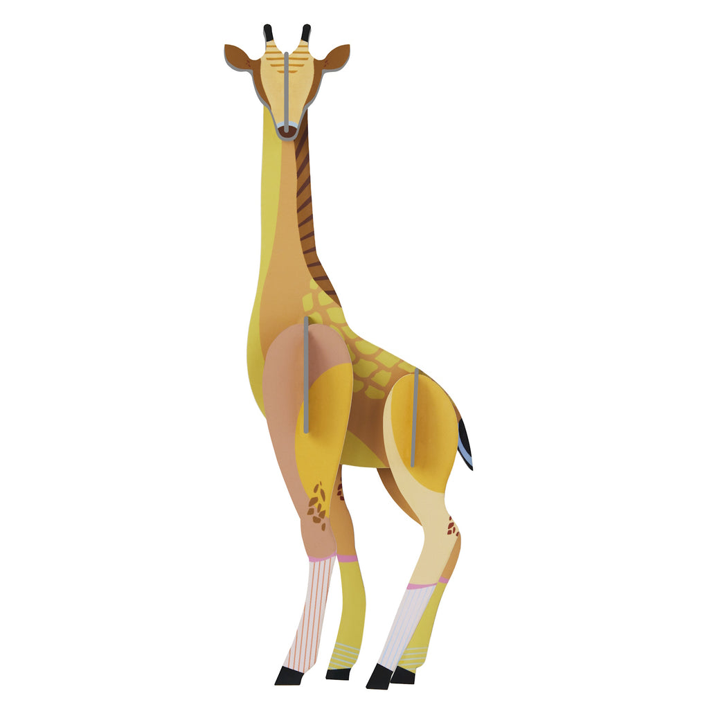 Illustration of a stylized giraffe with exaggerated features, wearing colorful leg warmers. The tone is playful and whimsical.