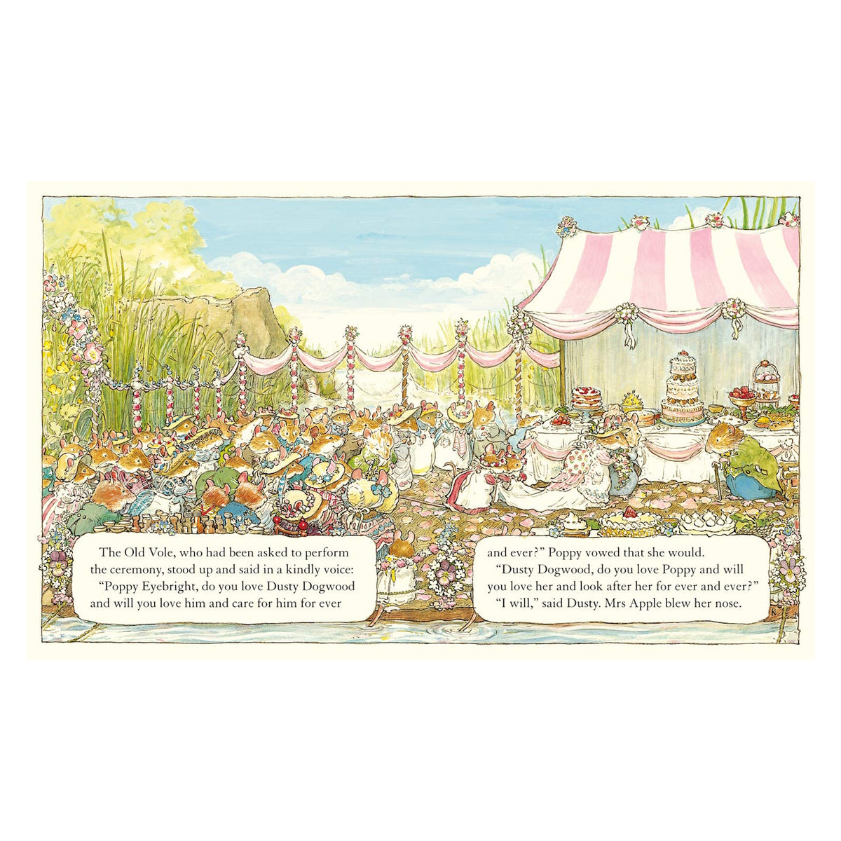 Children's storybook illustration of a mouse wedding scene outdoors beside a pink canopy and tiered cake.