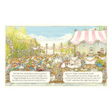 Children's storybook illustration of a mouse wedding scene outdoors beside a pink canopy and tiered cake.