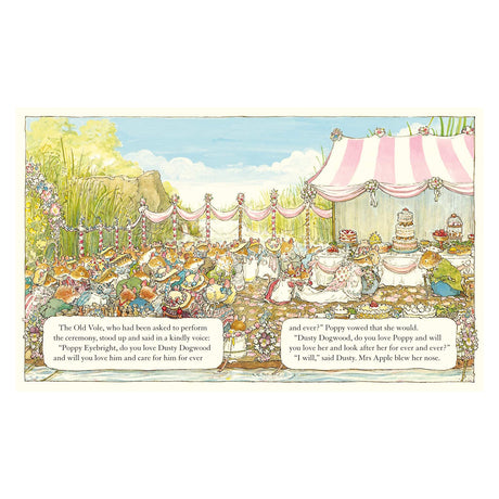 Children's storybook illustration of a mouse wedding scene outdoors beside a pink canopy and tiered cake.