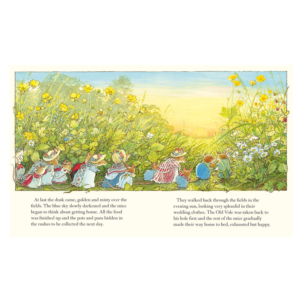Mice dressed in fine clothes walk in a line through tall flowers at sunset toward a golden horizon.