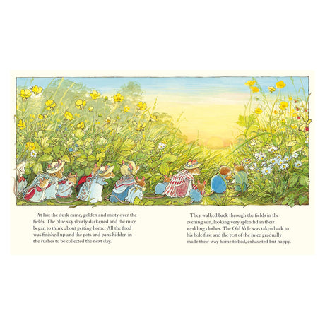 Mice dressed in fine clothes walk in a line through tall flowers at sunset toward a golden horizon.
