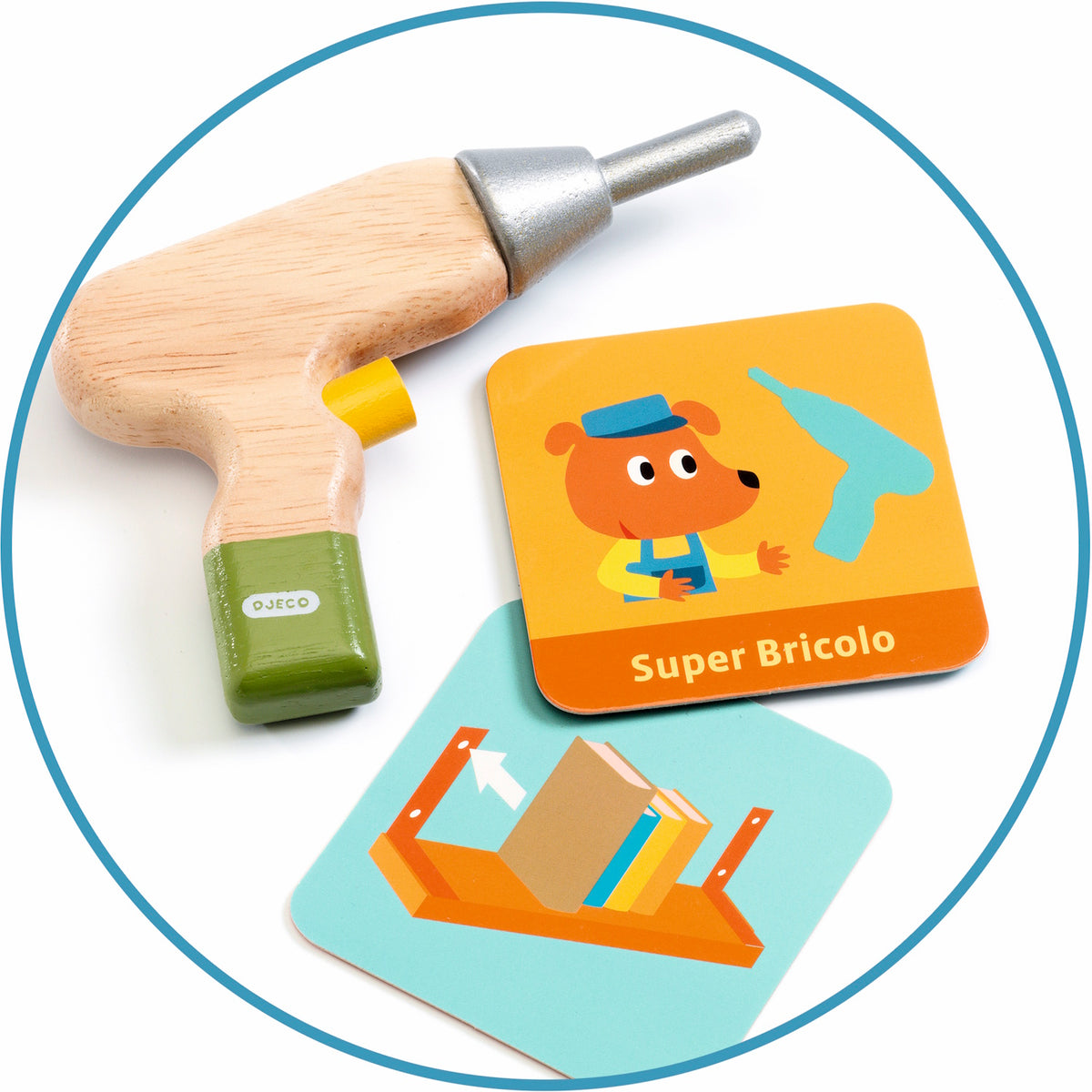 Wooden Djeco toy drill and Super Bricolo instruction cards for a toddler role-play construction set.