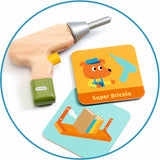 Wooden Djeco toy drill and Super Bricolo instruction cards for a toddler role-play construction set.