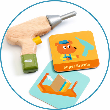 Wooden Djeco toy drill and Super Bricolo instruction cards for a toddler role-play construction set.