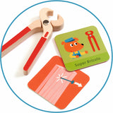 Djeco wooden toy pliers for kids with Super Bricolo challenge cards for fine motor skill development.