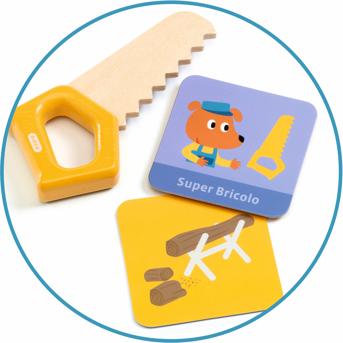 Djeco Super Bricolo wooden toy saw and illustrated carpenter cards for toddler role play and skill building.