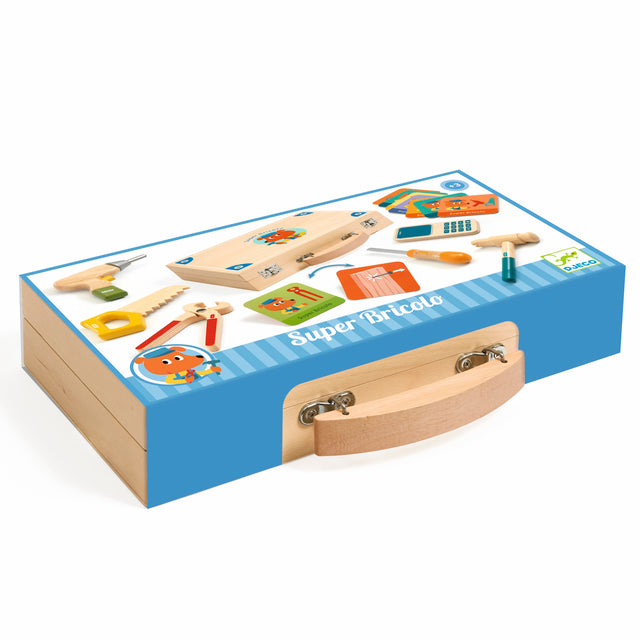 Djeco Super Bricolo wooden tool set for kids in a blue and wood carrying case with toy saw and hammer.