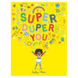Bright yellow book cover with "Super Duper You" in colorful letters. A joyful child with raised arms stands below, surrounded by cheerful doodles.