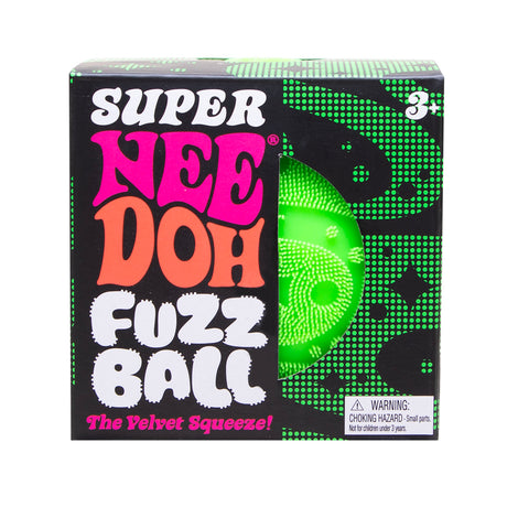 Black box packaging for Super NeeDoh Fuzz Ball with a cutout showing a textured green ball inside.