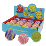 Display box of colorful, marbled "Super-Swirly Balls" bouncy balls on a white background.