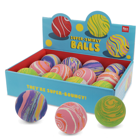 Display box of colorful, marbled "Super-Swirly Balls" bouncy balls on a white background.