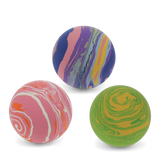 Three vibrant, marble-swirled rubber bouncy balls in purple, pink, and green against a white background.