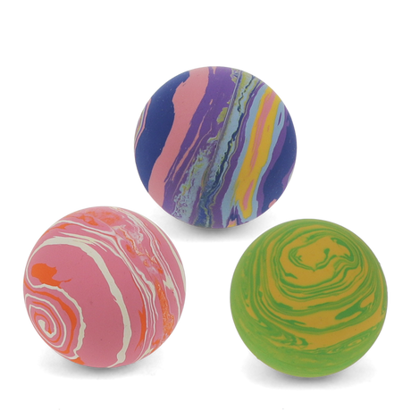 Three vibrant, marble-swirled rubber bouncy balls in purple, pink, and green against a white background.