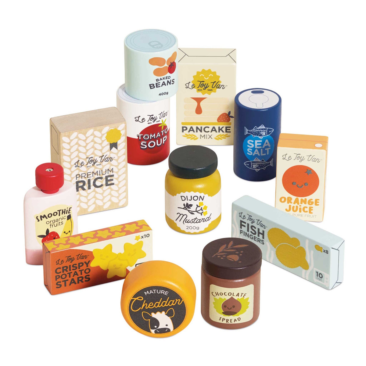 Wooden toy grocery items including rice, mustard, soup, and smoothie spread out on a white surface.