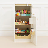 Open white wooden toy fridge stocked with colorful play food and drinks.