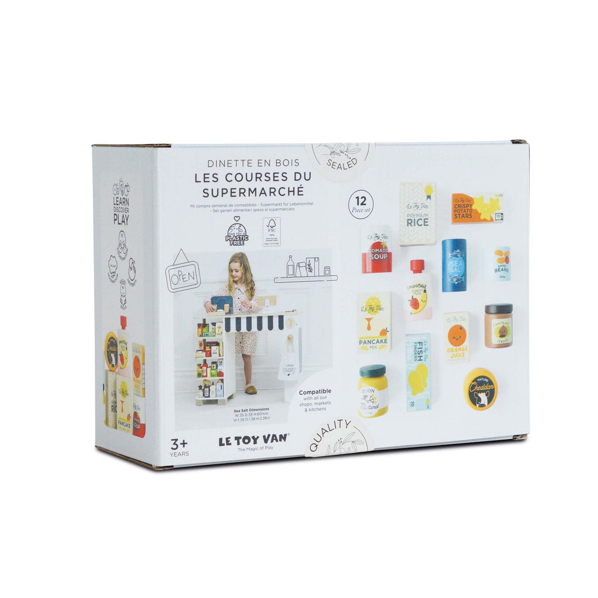 Back of Le Toy Van 12-piece grocery set box displaying child playing and itemized play food.