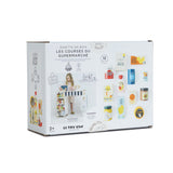 Back of Le Toy Van 12-piece grocery set box displaying child playing and itemized play food.