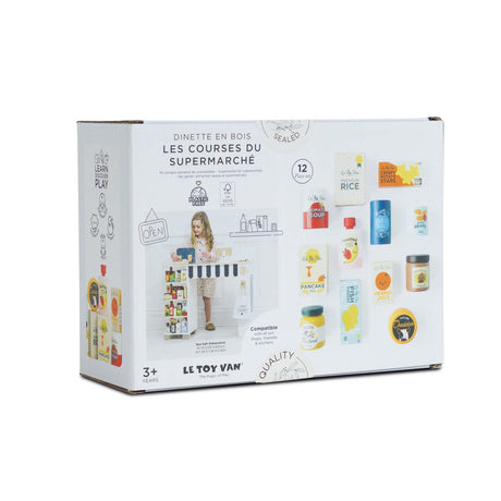 Back of Le Toy Van 12-piece grocery set box displaying child playing and itemized play food.