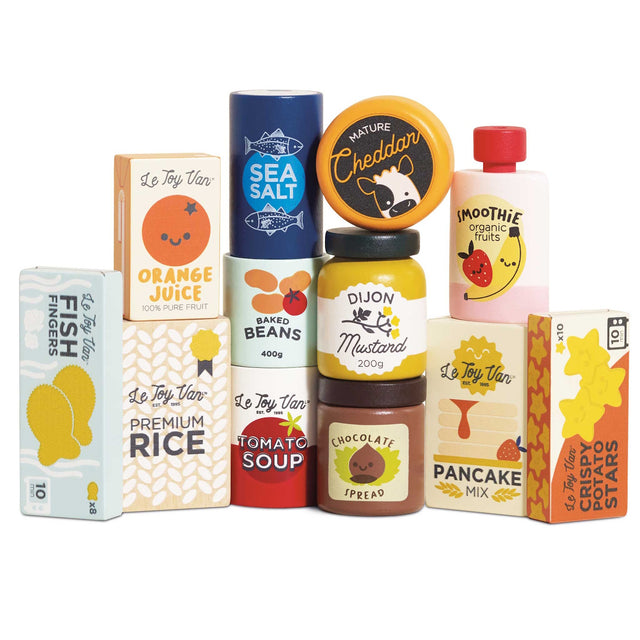 Wooden toy grocery set including orange juice, baked beans, cheddar, and various play food containers.