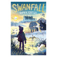 Cover of "Swanfall" by Sophie Kirtley shows a child with a backpack, standing by a snowy river with swans, facing a distant castle at sunrise.