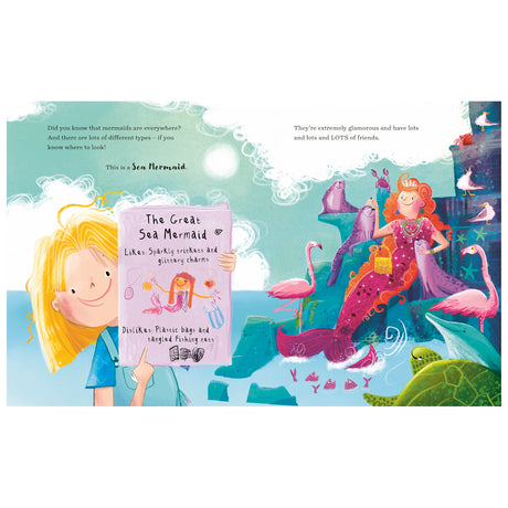 Children's book spread featuring a girl holding a notebook with an illustration of a glamorous mermaid.