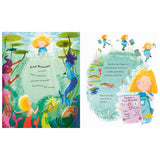 Illustrated children's book spread showing mermaids in a lily pond and a girl holding a notebook.