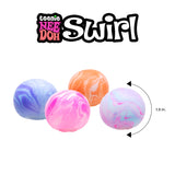 Teenie NeeDoh Swirl fidget balls in purple, pink, orange, and blue marble patterns, measuring 1.5 inches.